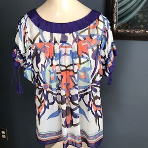nicole (Nicole Miller) sheer print/ribbon top, S